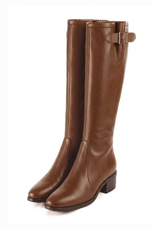 Dress custom-made knee-high boots with buckles in caramel brown leather with thick leather soles and round toe - Front view